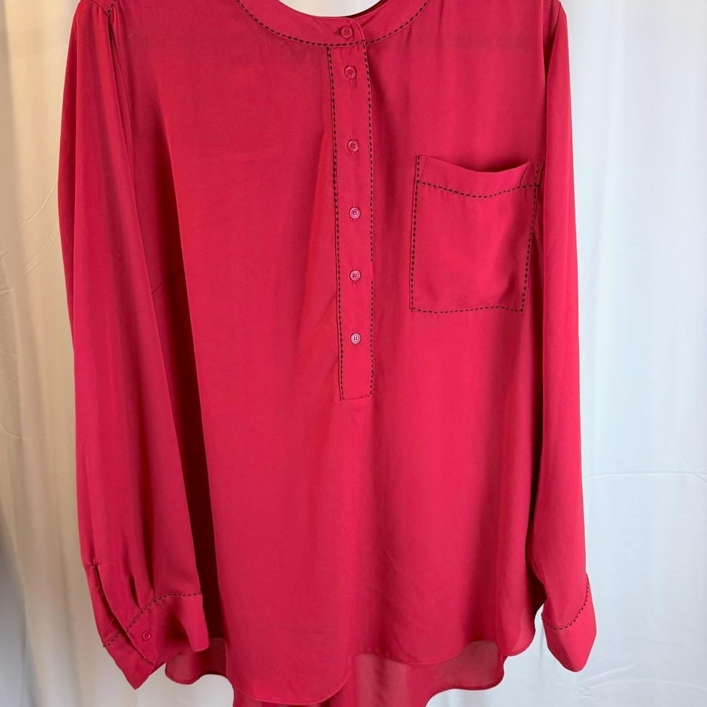 Lane Bryant Womens Plus Size 22/24 Red Henley Blouse Long Sleeve Stitch Detail